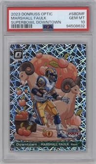Marshall Faulk from the 2023 Donruss Optic set graded by PSA and given an overall grade of 10.