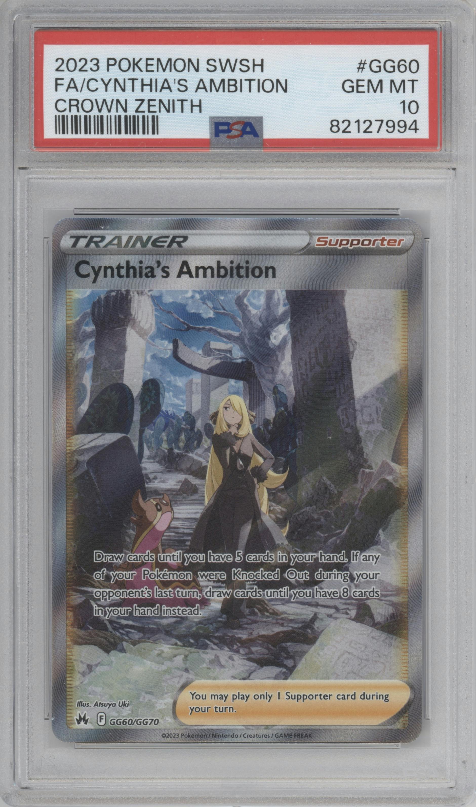 Cynthia's Ambition from the 2023 Pokemon SWSH set graded by PSA and given an overall grade of 10.