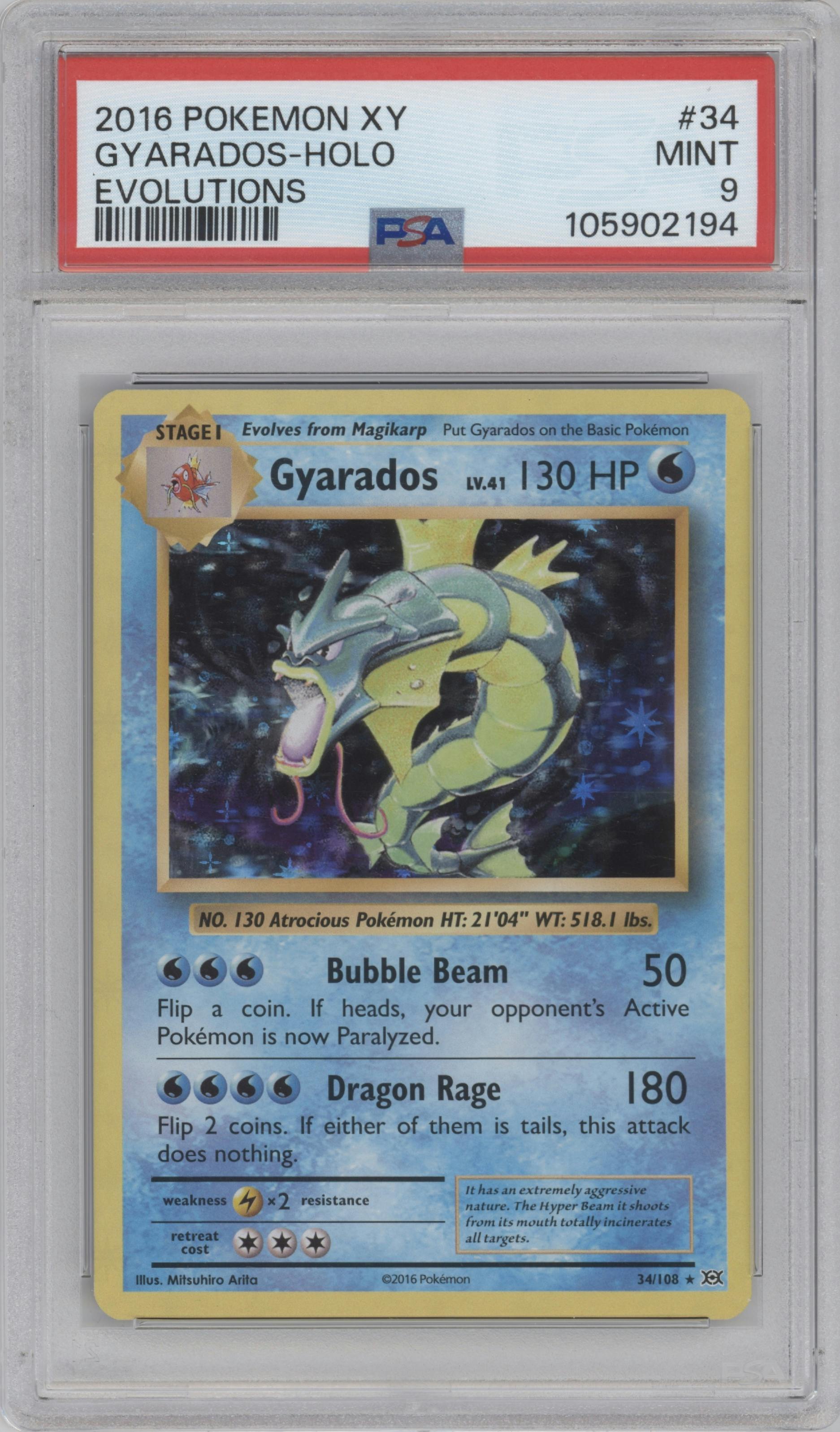 Gyarados from the 2016 Pokemon XY set graded by PSA and given an overall grade of 9.
