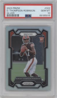 Dorian Thompson-Robinson from the 2023 Panini Prizm set featuring a Silver Prizm parallel graded by PSA and given an overall grade of 10.