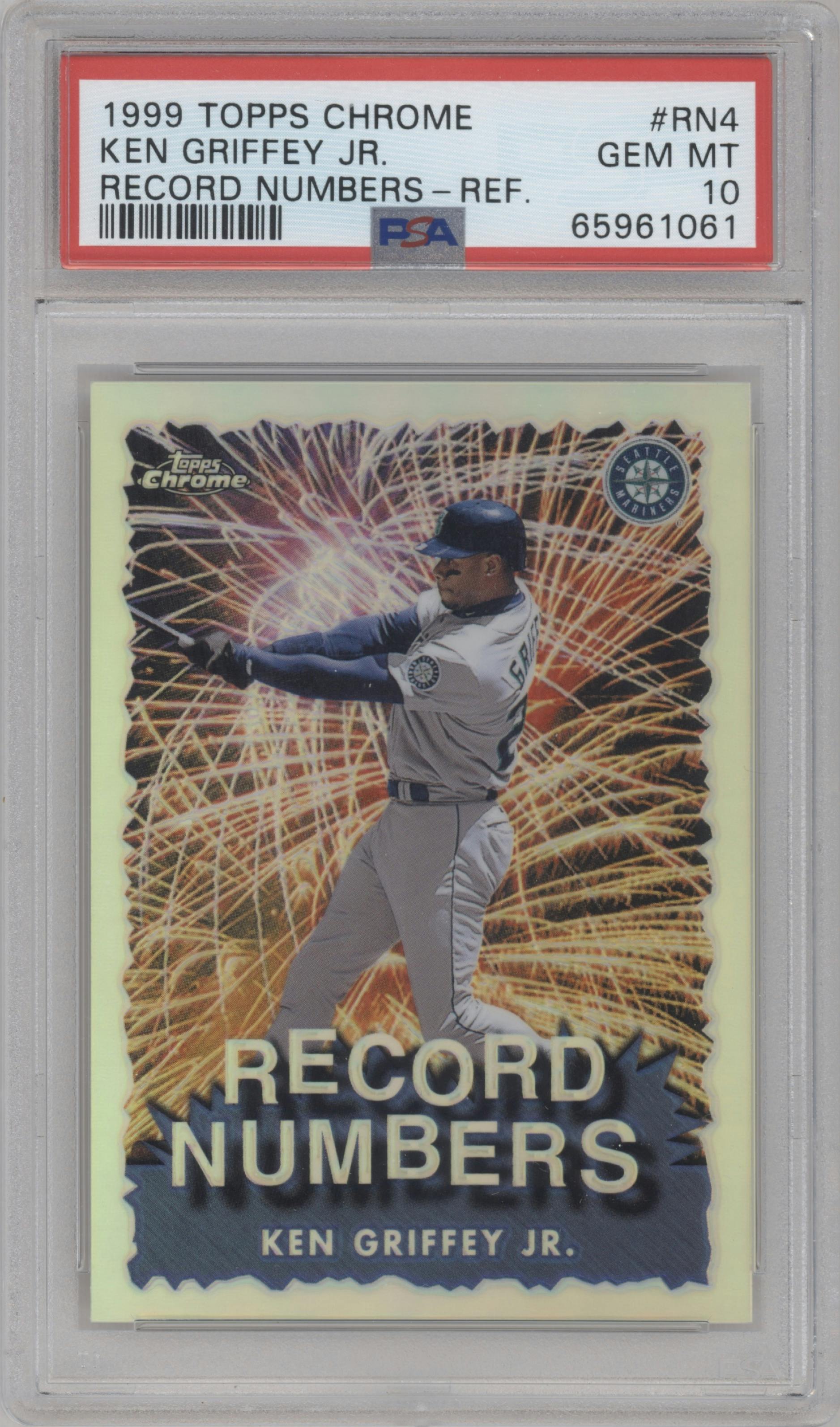 Ken Griffey Jr. from the 1999 Topps Chrome set featuring a Refractor parallel graded by PSA and given an overall grade of 10.