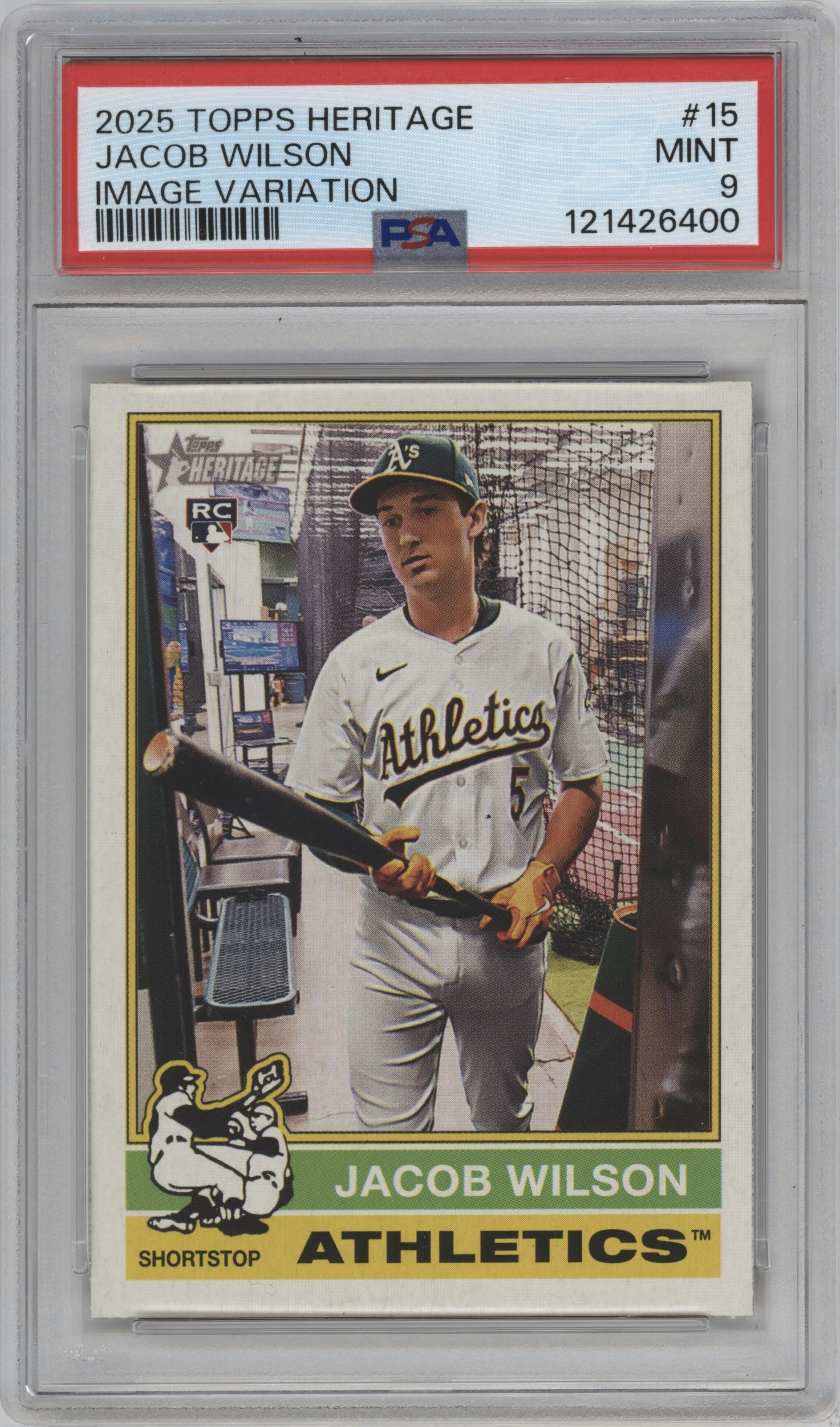 Jacob Wilson from the 2025 Topps Heritage set graded by PSA and given an overall grade of 9.