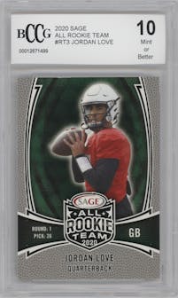 Jordan Love from the 2020 SAGE All Rookie Team set graded by Beckett and given an overall grade of 10.