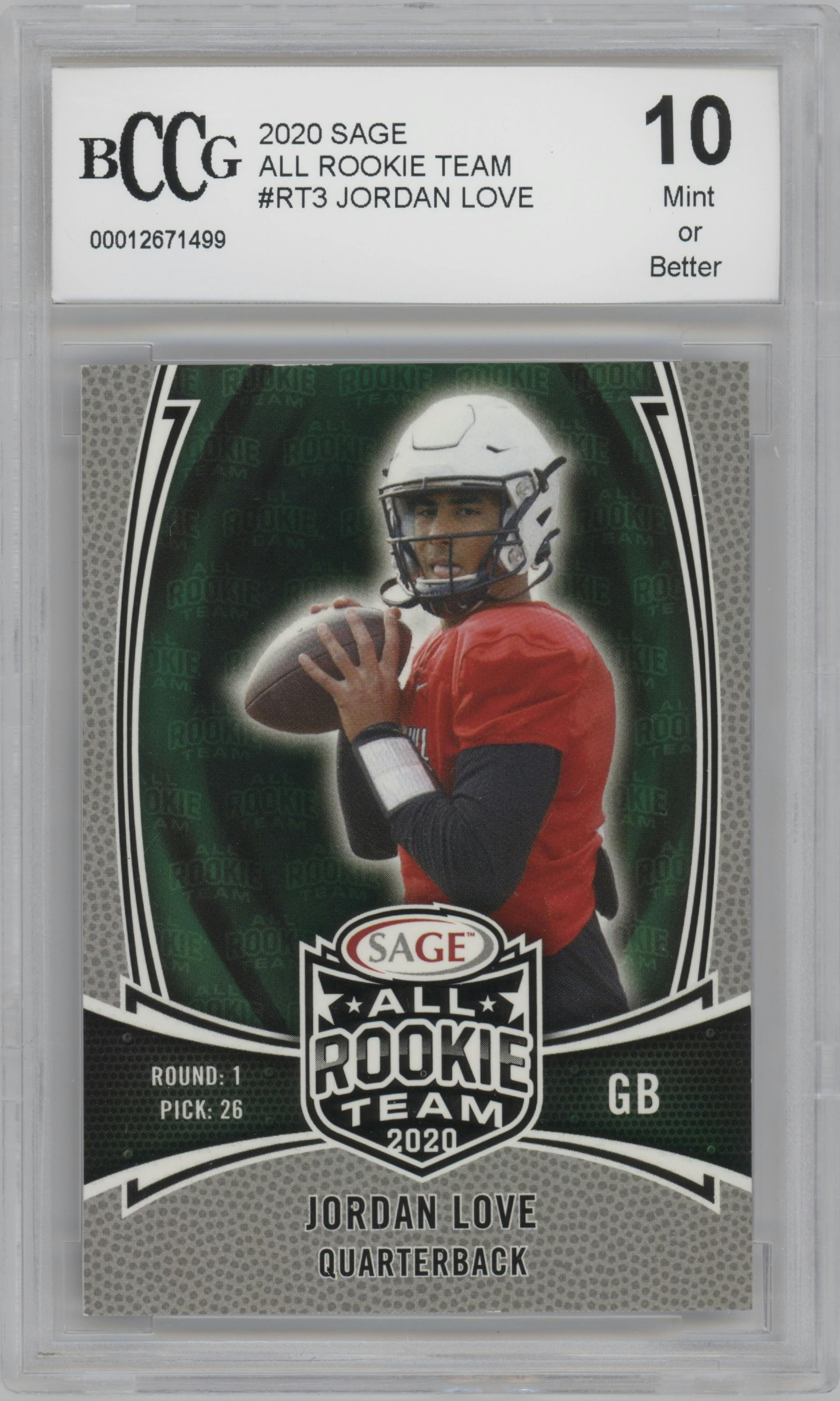 Jordan Love from the 2020 SAGE All Rookie Team set graded by Beckett and given an overall grade of 10.