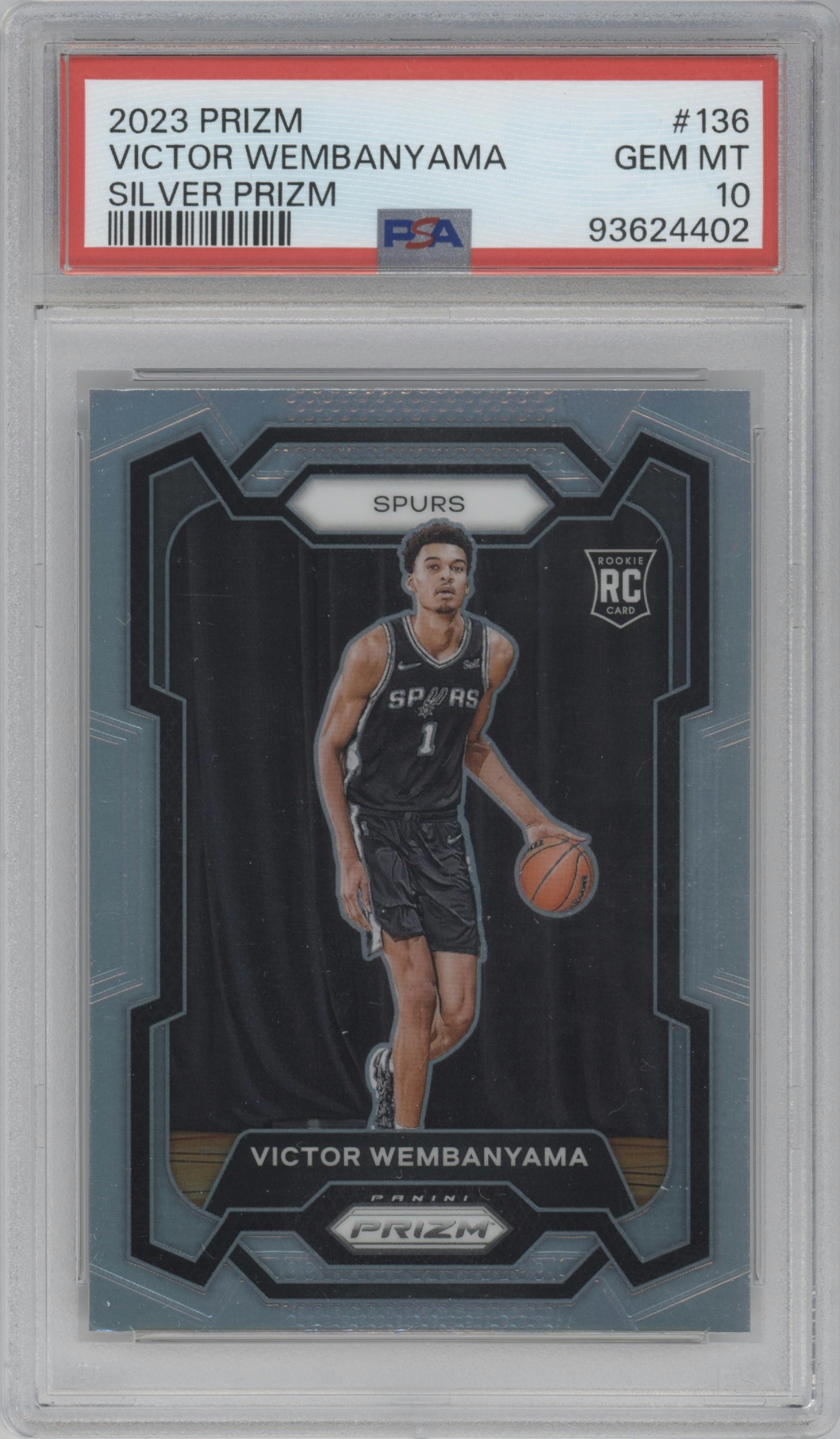 Victor Wembanyama from the 2023-24 Panini Prizm set featuring a Silver Prizm  parallel graded by PSA and given an overall grade of 10.