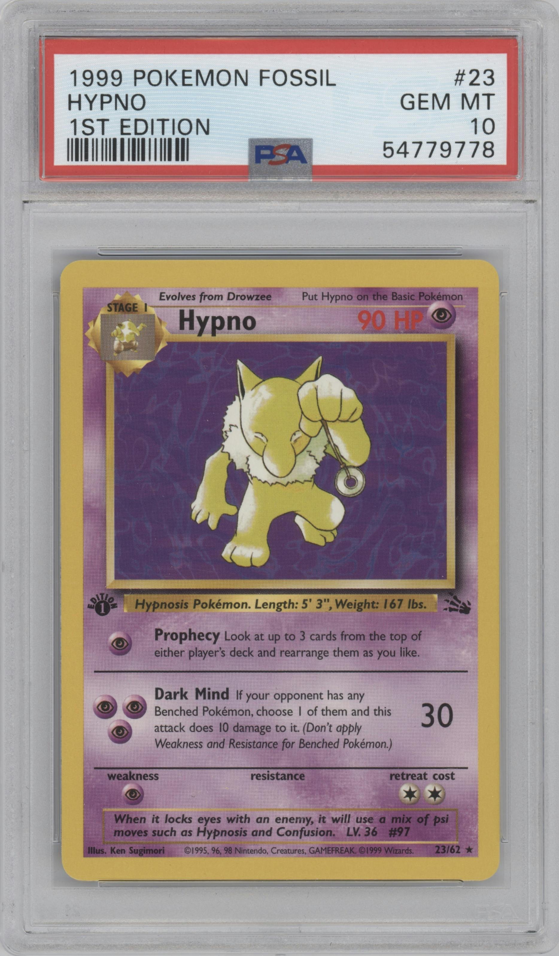 Hypno from the 1999 Pokemon set graded by PSA and given an overall grade of 10.