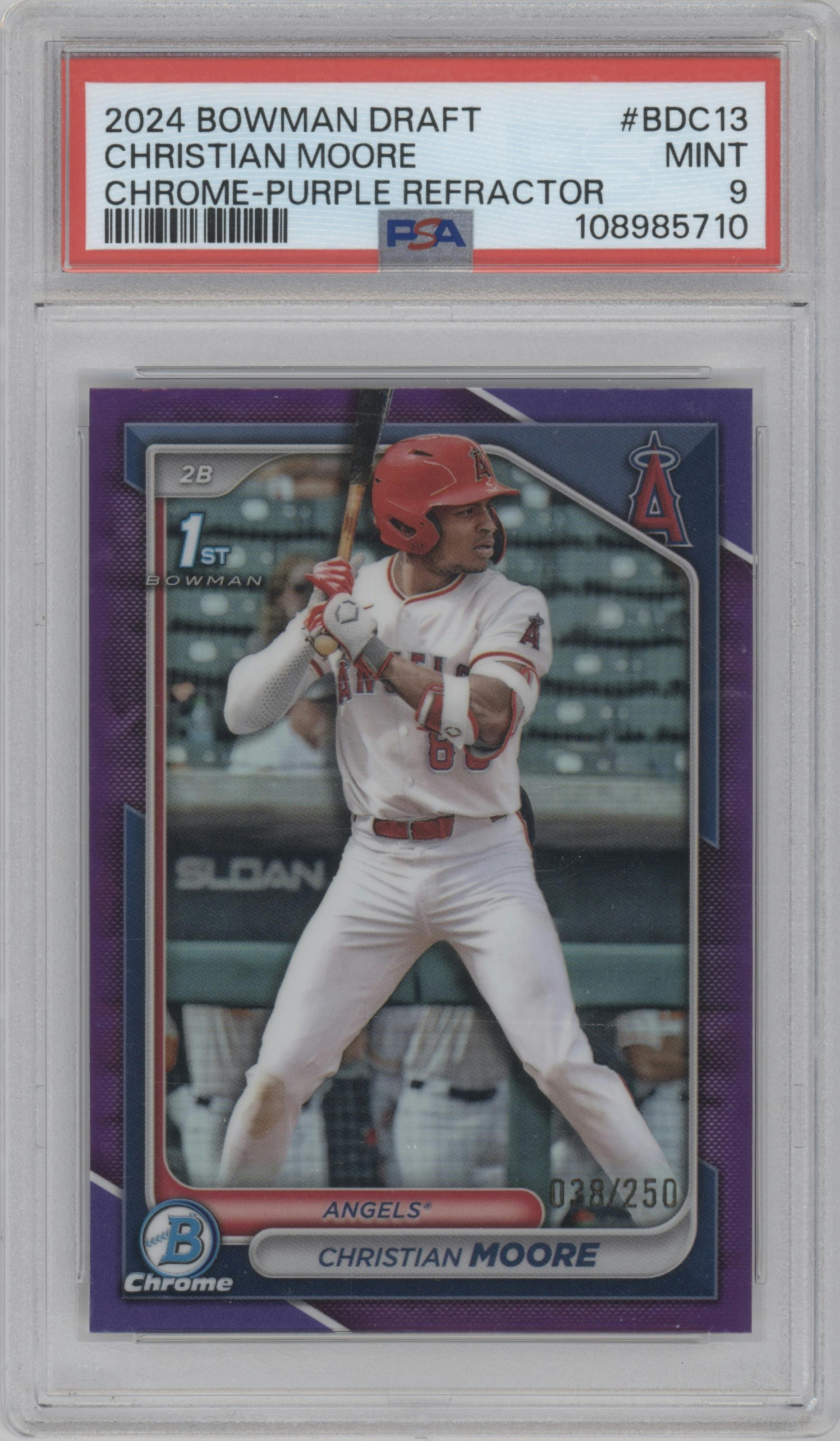 Christian Moore from the 2024 Bowman Draft set featuring a Purple Refractor parallel graded by PSA and given an overall grade of 9.