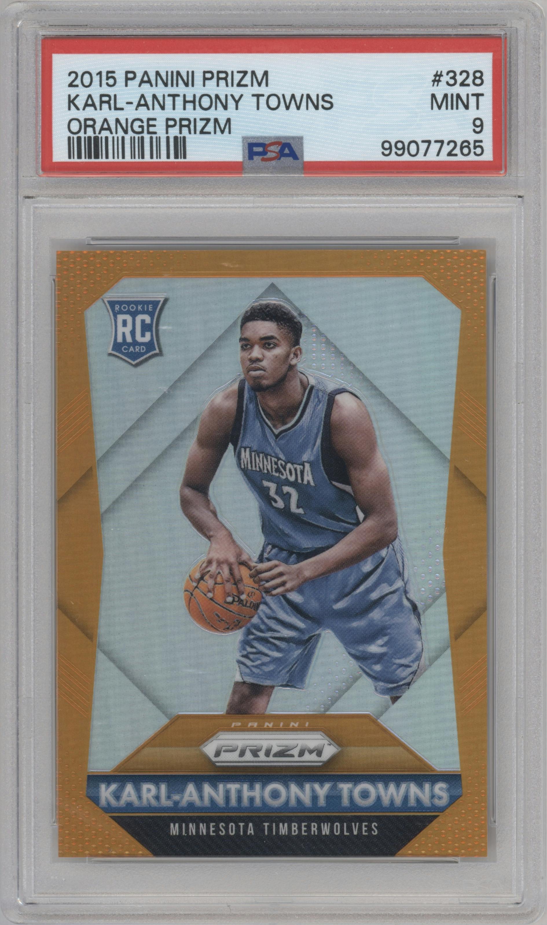 Karl-Anthony Towns from the 2015-16 Panini Prizm  set featuring a Orange Prizm parallel graded by PSA and given an overall grade of 9.