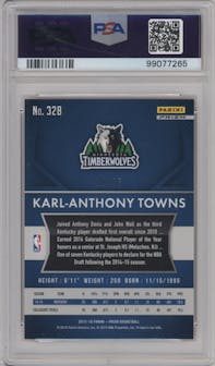 Karl-Anthony Towns from the 2015-16 Panini Prizm  set featuring a Orange Prizm parallel graded by PSA and given an overall grade of 9.