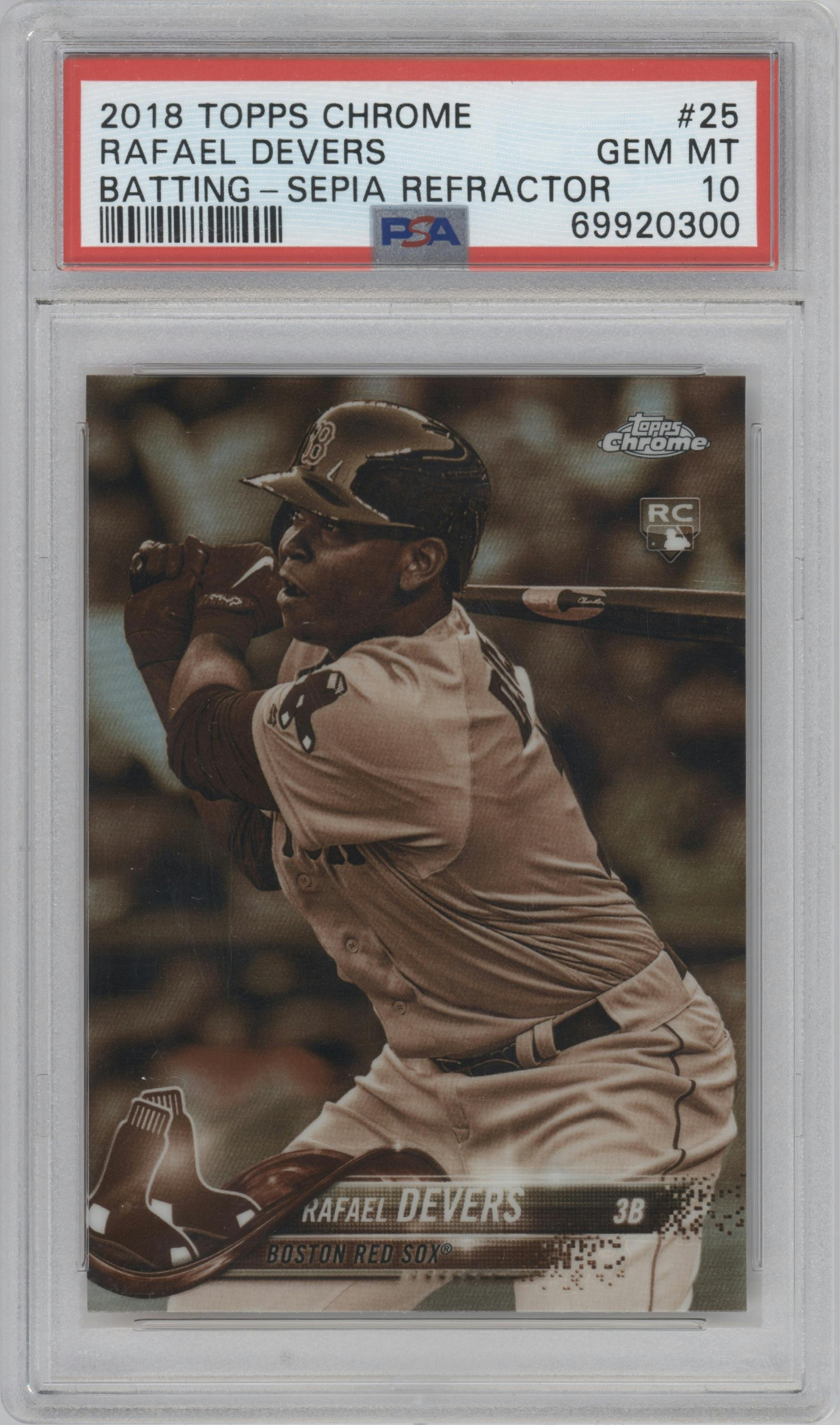 Rafael Devers from the 2018 Topps Chrome set featuring a Sepia Refractor parallel graded by PSA and given an overall grade of 10.