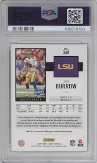 Joe Burrow from the 2020 Panini Score set featuring a Blue parallel graded by PSA and given an overall grade of 9.