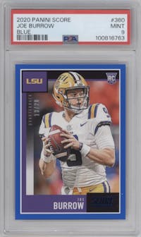 Joe Burrow from the 2020 Panini Score set featuring a Blue parallel graded by PSA and given an overall grade of 9.
