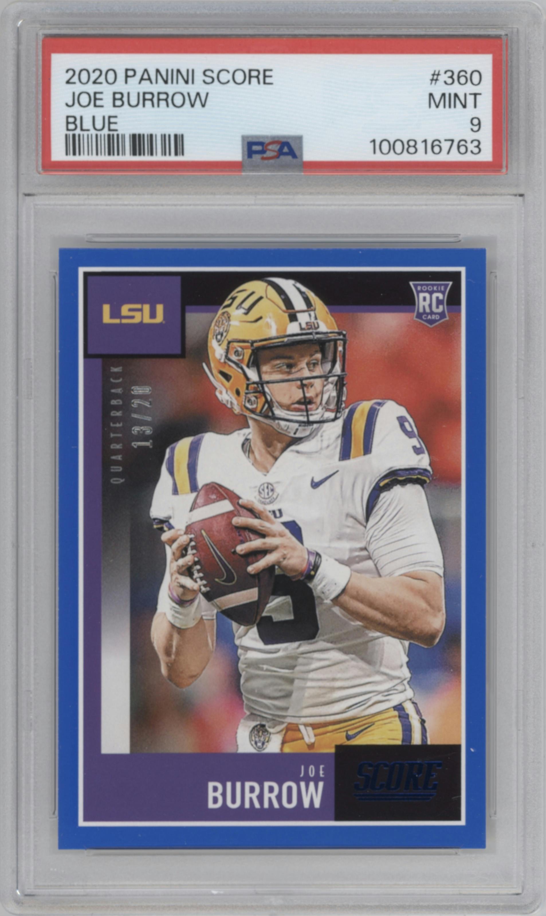 Joe Burrow from the 2020 Panini Score set featuring a Blue parallel graded by PSA and given an overall grade of 9.