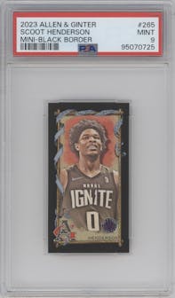 Scoot Henderson from the 2023 Topps Allen & Ginter X set featuring a Black Border parallel graded by PSA and given an overall grade of 9.