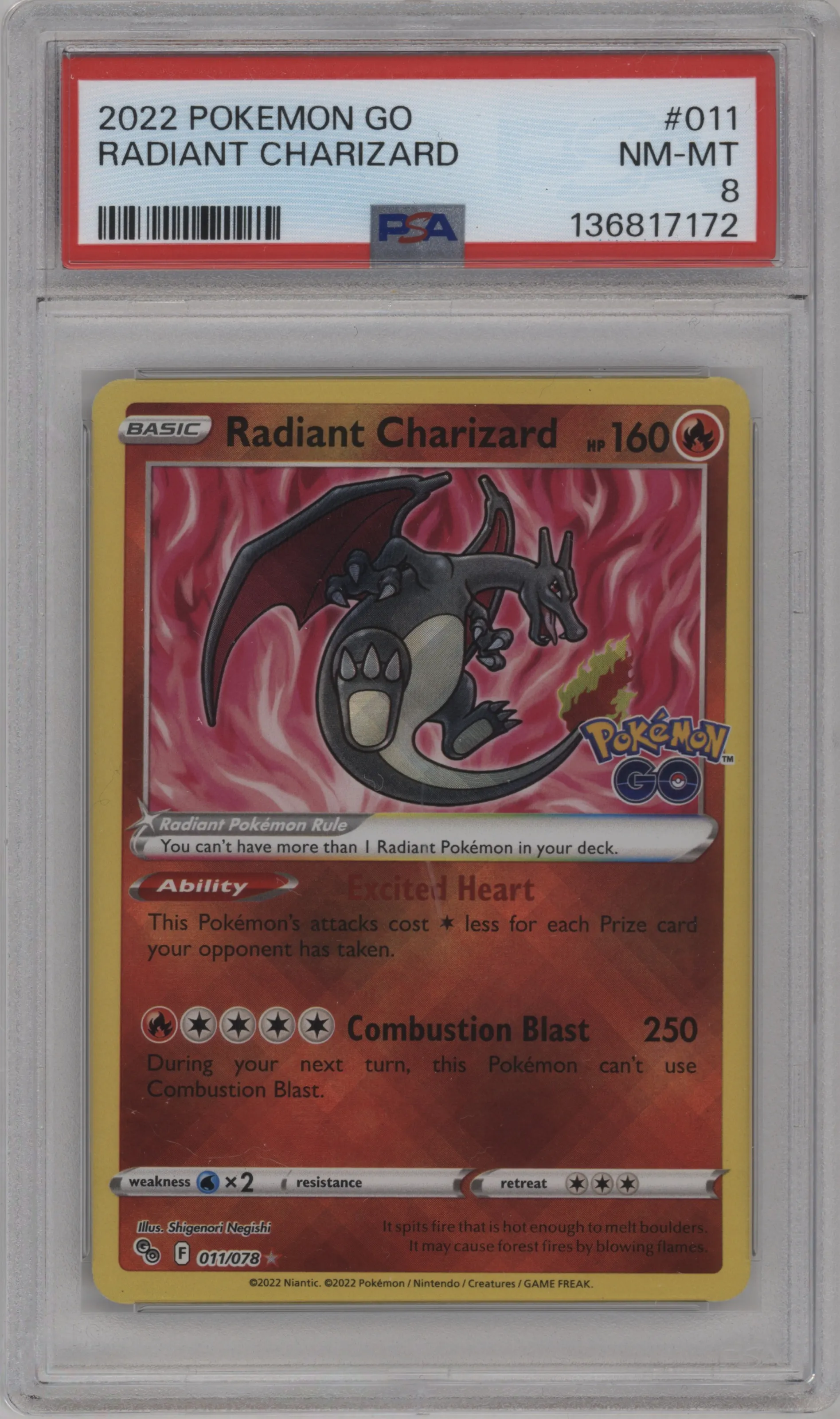 2022 Pokemon SWSH Pokemon GO Radiant Charizard #011 PSA 8