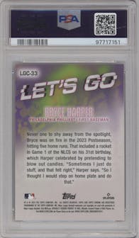 Bryce Harper from the 2024 Topps Chrome set featuring a Red Refractor parallel graded by PSA and given an overall grade of 10.