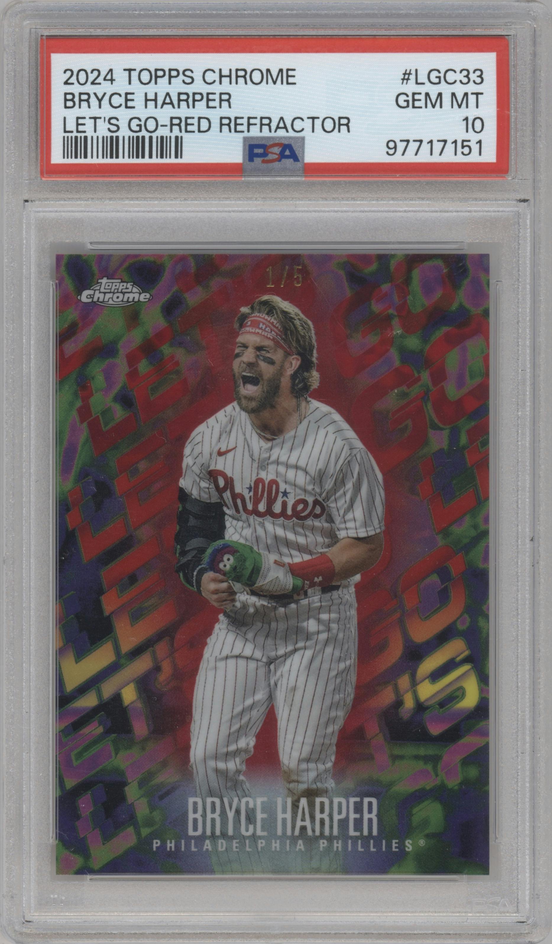 Bryce Harper from the 2024 Topps Chrome set featuring a Red Refractor parallel graded by PSA and given an overall grade of 10.