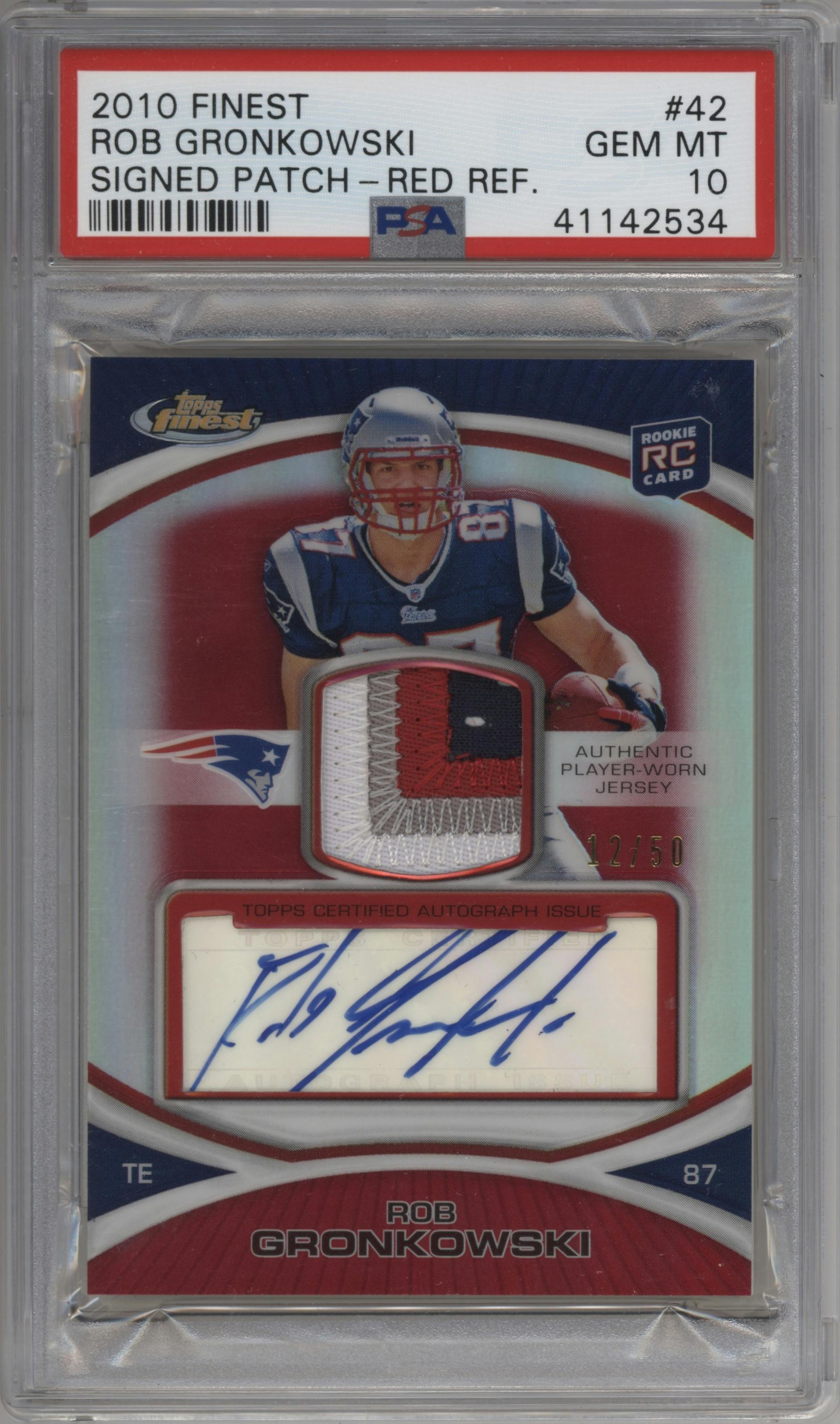 Rob Gronkowski  from the 2010 Topps Finest set featuring a Red Refractor parallel graded by PSA and given an overall grade of 10.