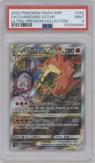 Charizard VSTAR from the 2022 Pokemon SWSH set featuring a Ultra Premium Collection parallel graded by PSA and given an overall grade of 9.