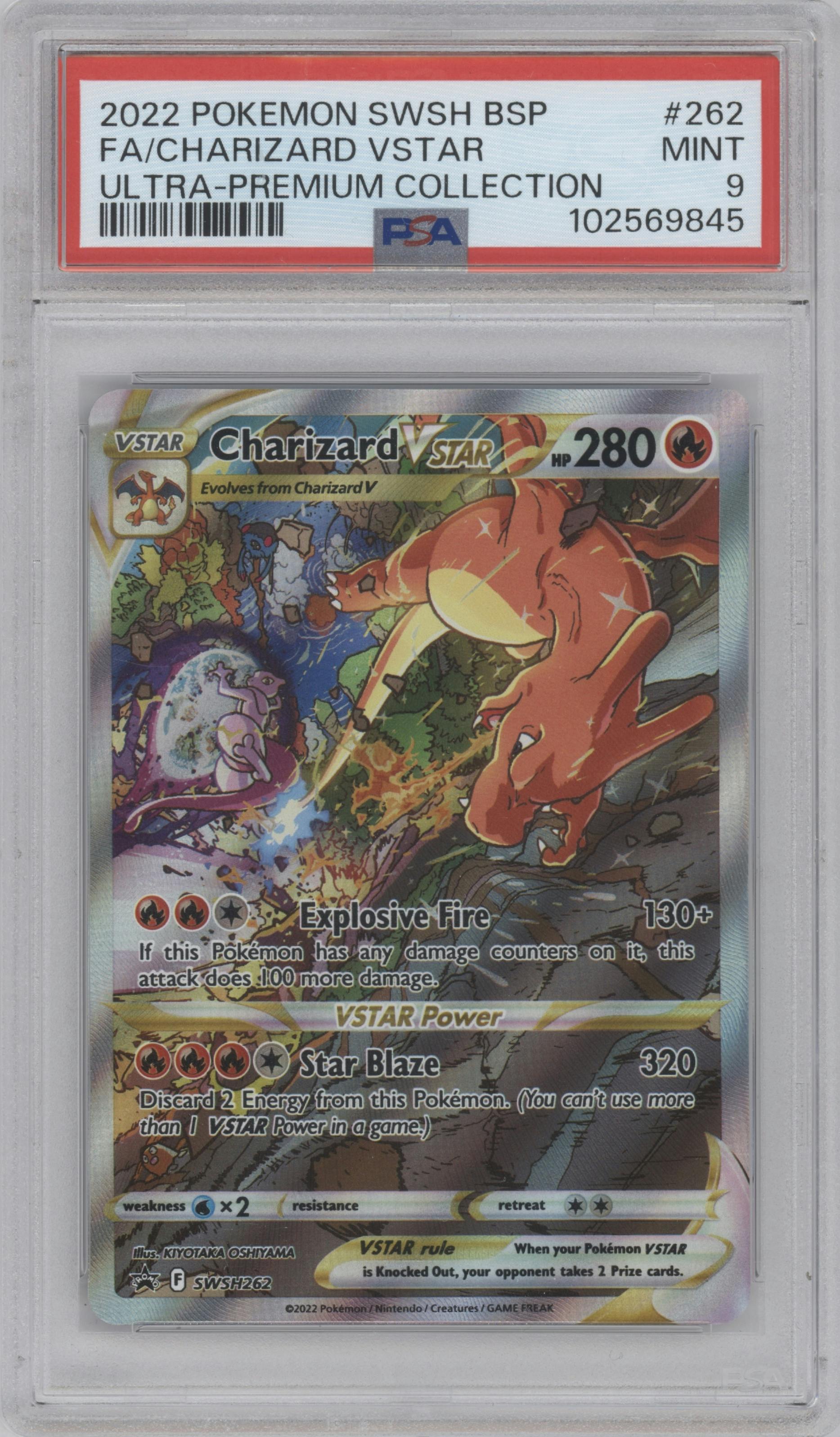 Charizard VSTAR from the 2022 Pokemon SWSH set featuring a Ultra Premium Collection parallel graded by PSA and given an overall grade of 9.