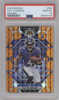 Zay Flowers  from the 2023 Panini Mosaic set featuring a Orange Mosaic parallel graded by PSA and given an overall grade of 10.