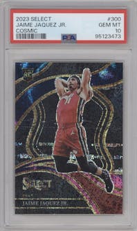 Jaime Jaquez Jr. from the 2023-24 Panini Select  set featuring a Cosmic parallel graded by PSA and given an overall grade of 10.