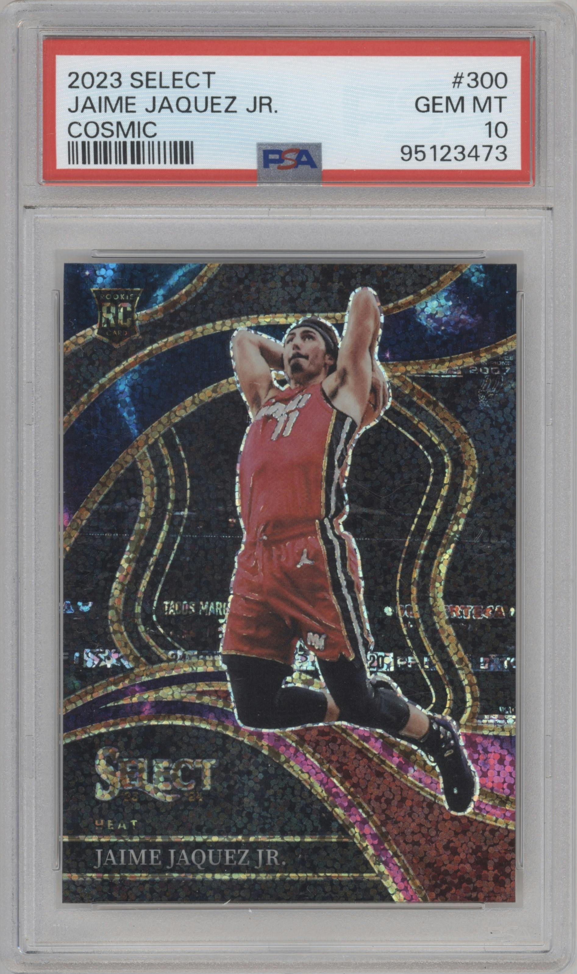 Jaime Jaquez Jr. from the 2023-24 Panini Select  set featuring a Cosmic parallel graded by PSA and given an overall grade of 10.