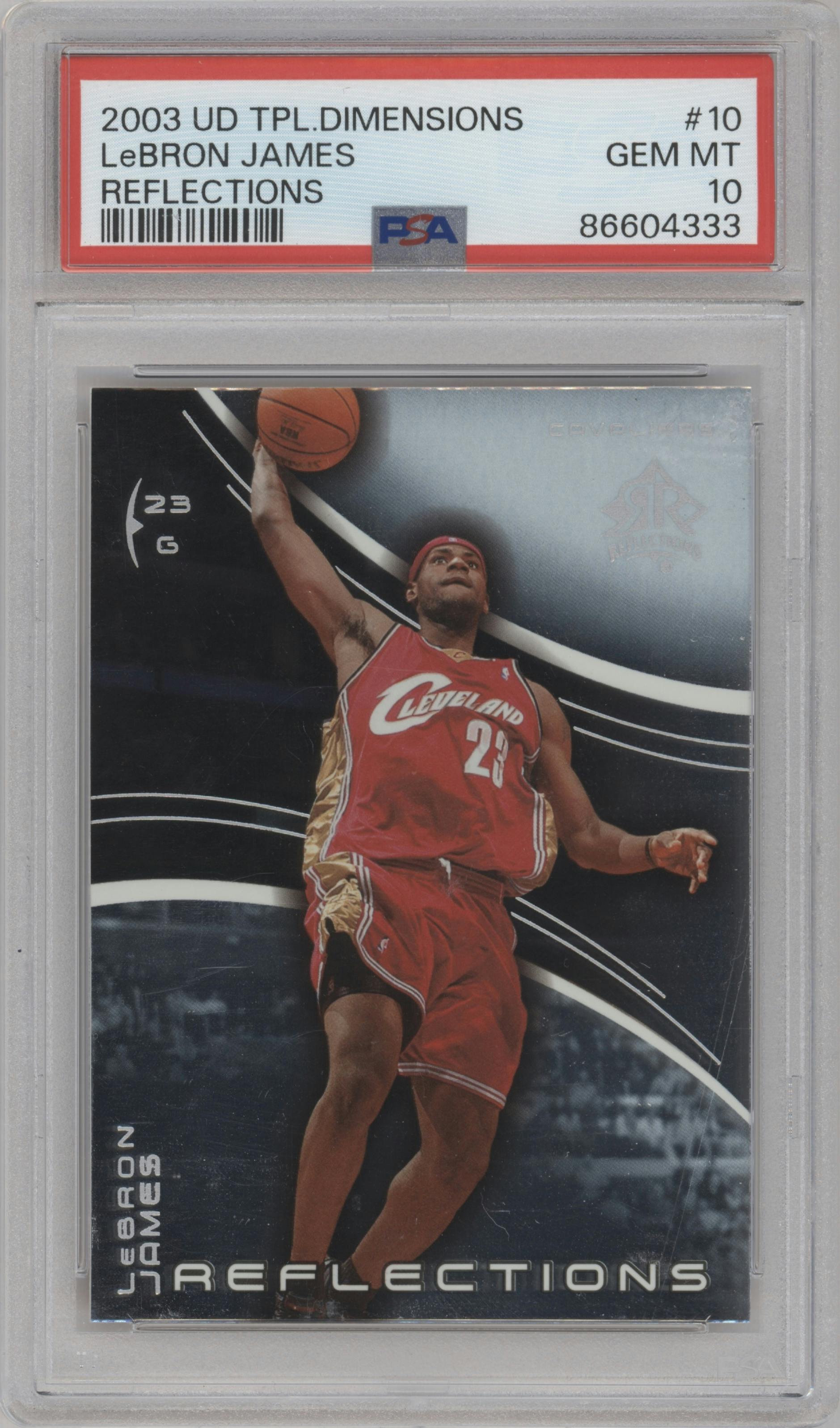 LeBron James from the 2003-04 Upper Deck Triple Dimensions set graded by PSA and given an overall grade of 10.
