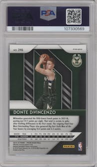 Donte DiVincenzo from the 2018-19 Panini Prizm set featuring a Choice Tiger Stripe parallel graded by PSA and given an overall grade of 9.