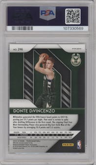 Donte DiVincenzo from the 2018-19 Panini Prizm set featuring a Choice Tiger Stripe parallel graded by PSA and given an overall grade of 9.