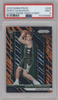 Donte DiVincenzo from the 2018-19 Panini Prizm set featuring a Choice Tiger Stripe parallel graded by PSA and given an overall grade of 9.