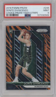 Donte DiVincenzo from the 2018-19 Panini Prizm set featuring a Choice Tiger Stripe parallel graded by PSA and given an overall grade of 9.