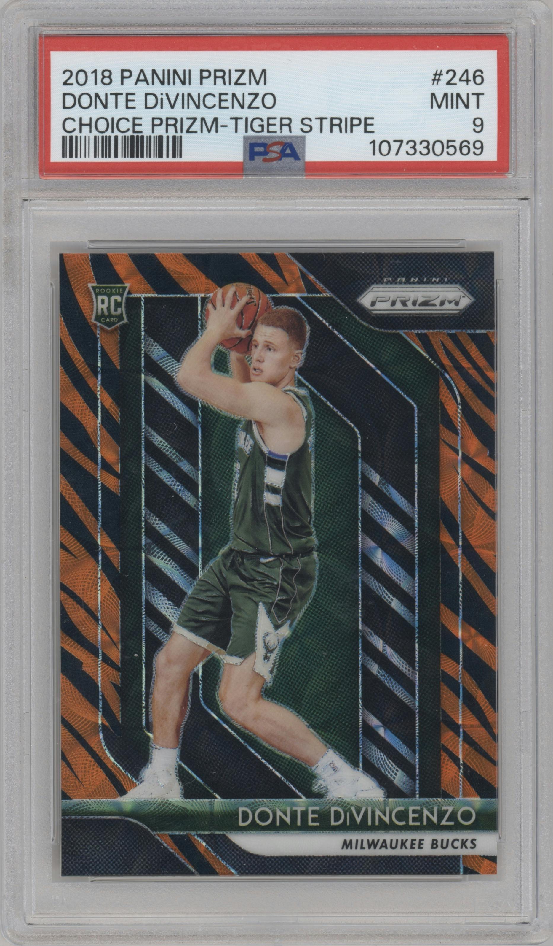 Donte DiVincenzo from the 2018-19 Panini Prizm set featuring a Choice Tiger Stripe parallel graded by PSA and given an overall grade of 9.