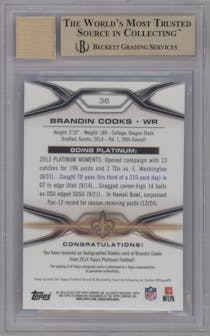 Brandin Cooks from the 2014 Topps Platinum set featuring a Refractor parallel graded by Beckett and given an overall grade of 9.5.