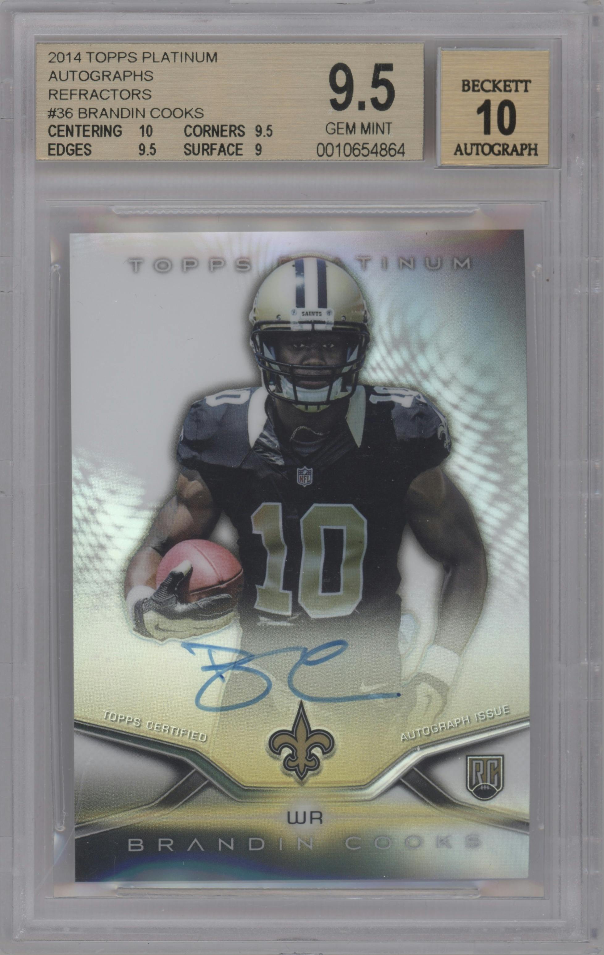 Brandin Cooks from the 2014 Topps Platinum set featuring a Refractor parallel graded by Beckett and given an overall grade of 9.5.