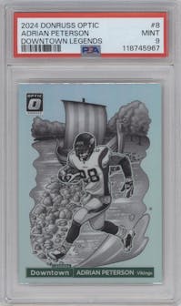 Adrian Peterson from the 2024 Donruss Optic set graded by PSA and given an overall grade of 9.