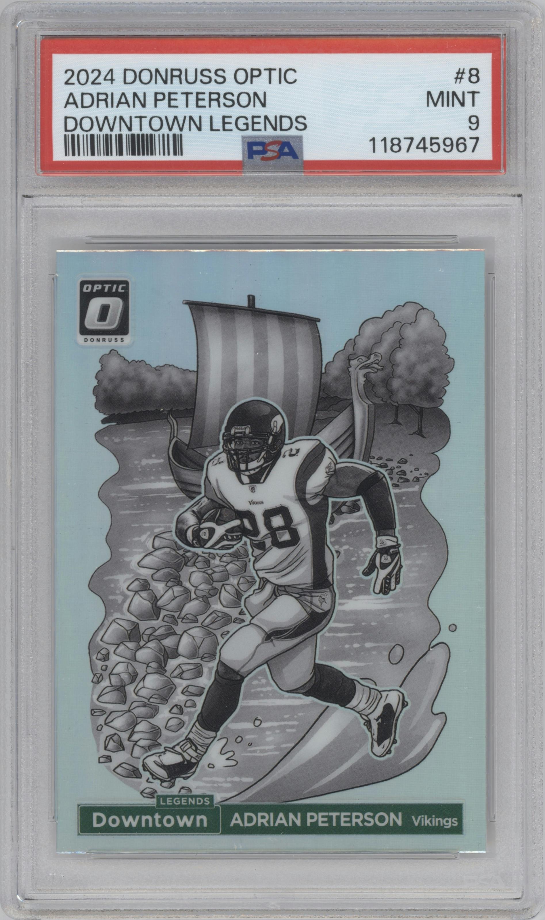 Adrian Peterson from the 2024 Donruss Optic set graded by PSA and given an overall grade of 9.