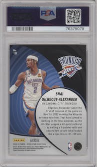 Shai Gilgeous-Alexander from the 2022-23 Panini Revolution  set featuring a Galactic parallel graded by PSA and given an overall grade of 9.