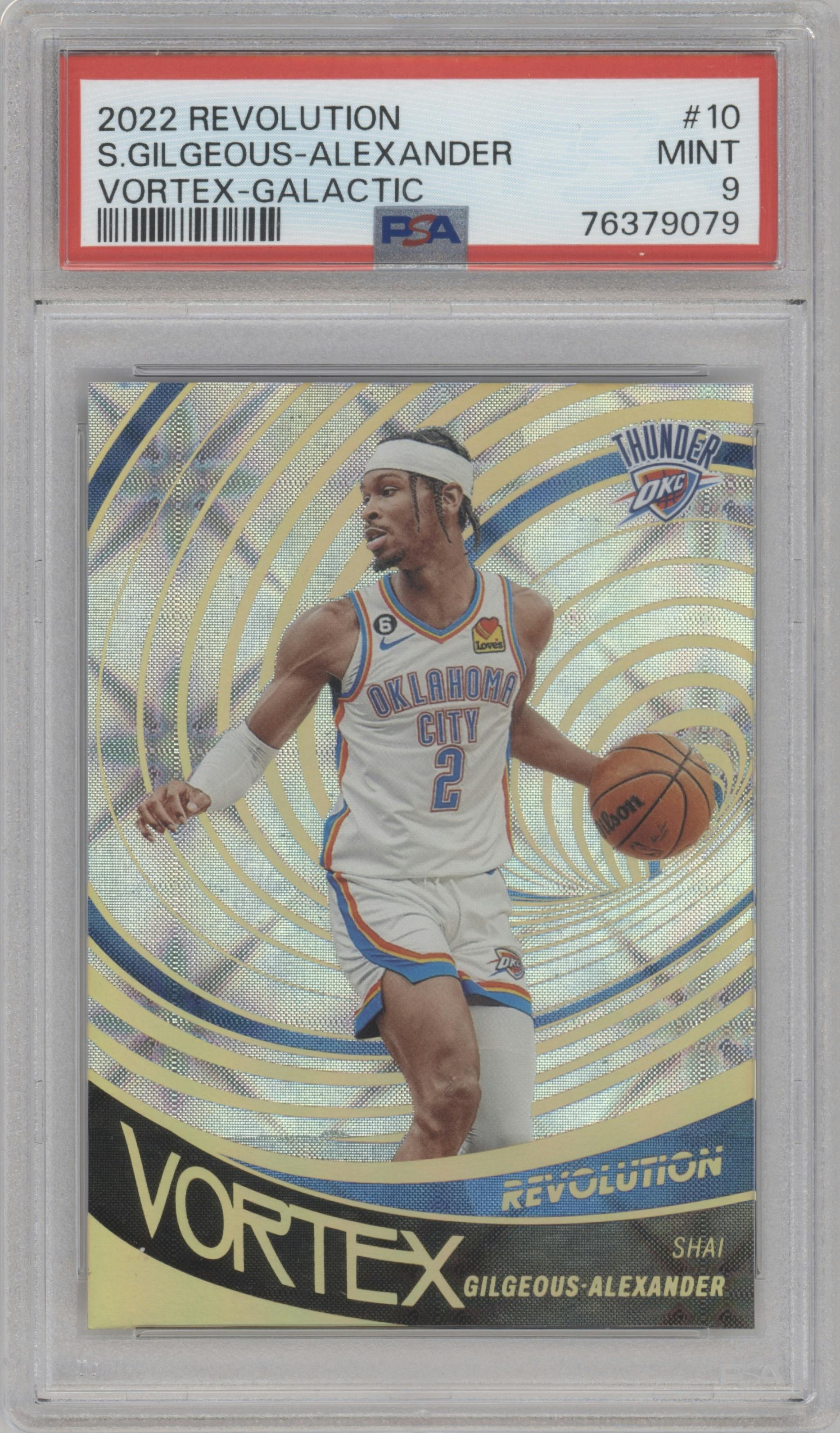 Shai Gilgeous-Alexander from the 2022-23 Panini Revolution  set featuring a Galactic parallel graded by PSA and given an overall grade of 9.