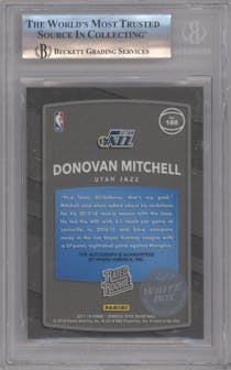 Donovan Mitchell from the 2017-18 Panini Donruss Optic set featuring a White Box parallel graded by Beckett and given an overall grade of 8.5.