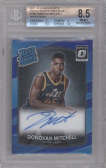 Donovan Mitchell from the 2017-18 Panini Donruss Optic set featuring a White Box parallel graded by Beckett and given an overall grade of 8.5.