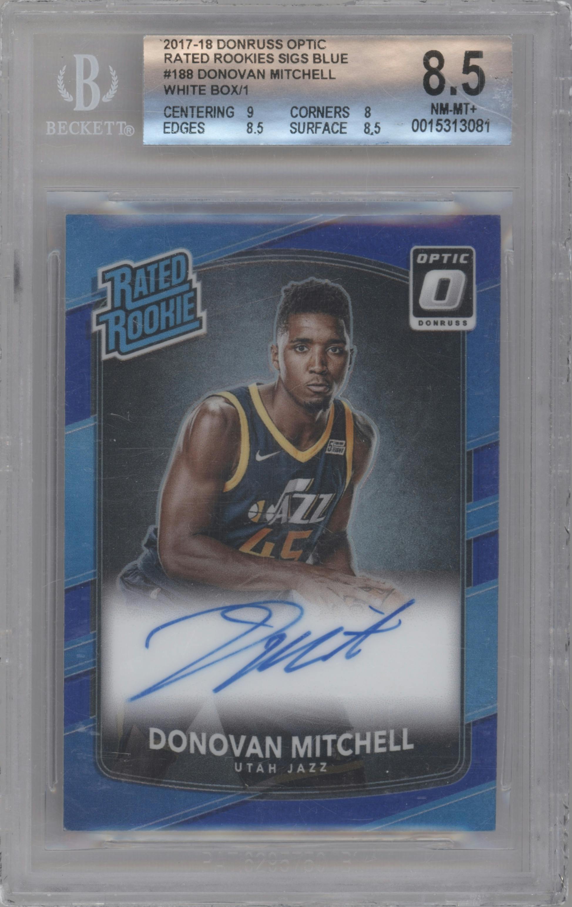 Donovan Mitchell from the 2017-18 Panini Donruss Optic set featuring a White Box parallel graded by Beckett and given an overall grade of 8.5.