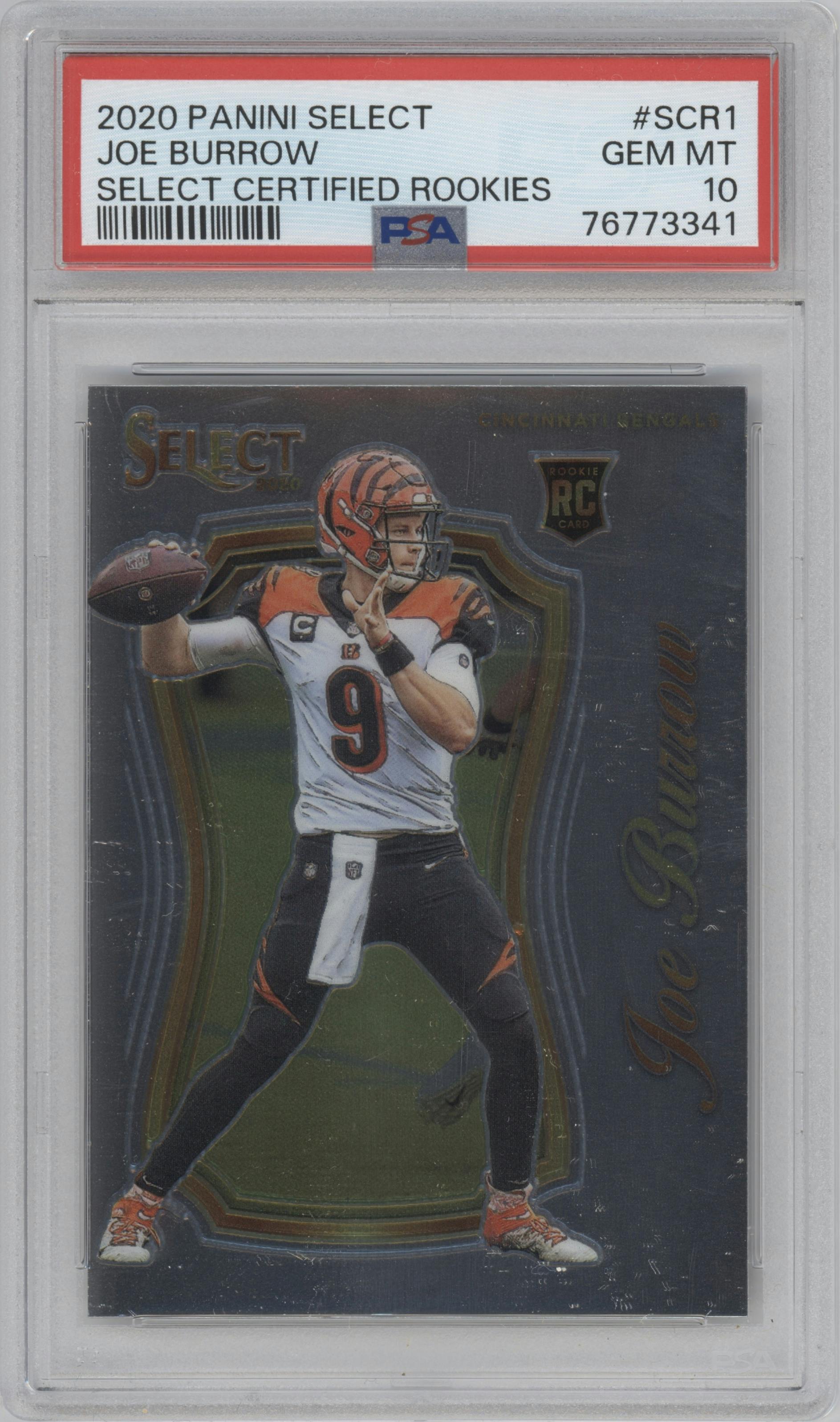 Joe Burrow from the 2020 Panini Select set graded by PSA and given an overall grade of 10.