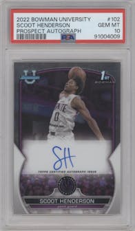 Scoot Henderson from the 2022-23 Bowman University Chrome set graded by PSA and given an overall grade of 10.