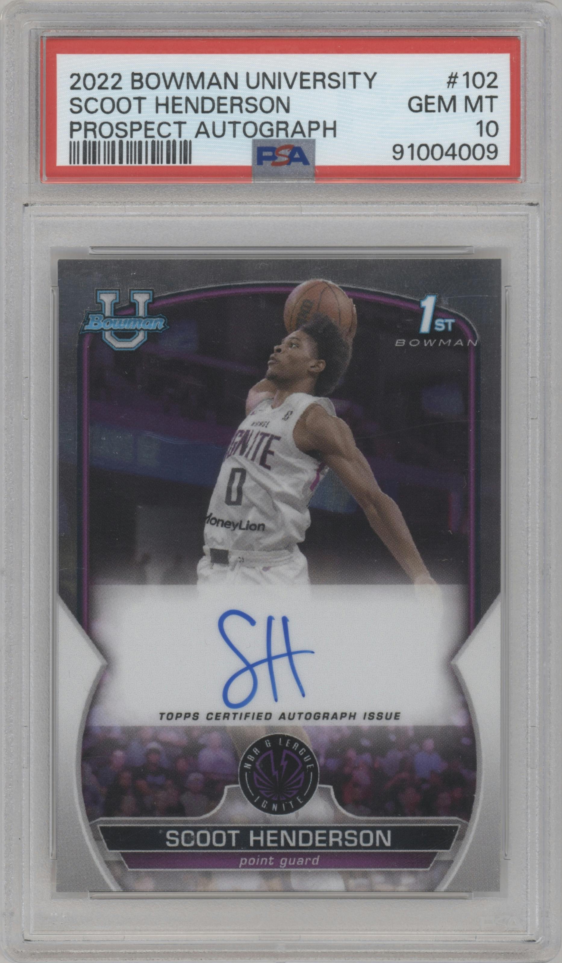 Scoot Henderson from the 2022-23 Bowman University Chrome set graded by PSA and given an overall grade of 10.