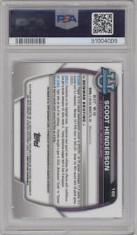 Scoot Henderson from the 2022-23 Bowman University Chrome set graded by PSA and given an overall grade of 10.