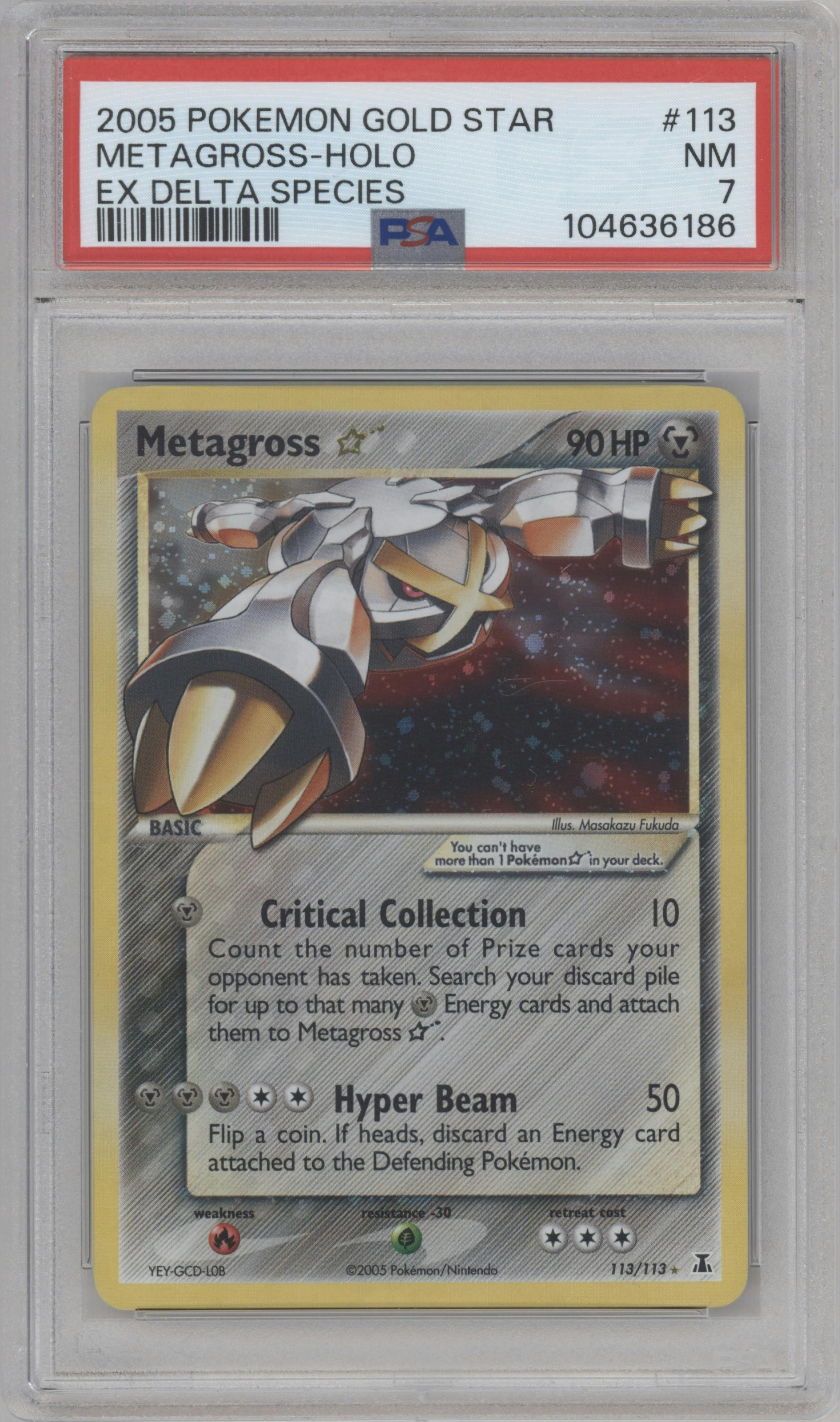 Metagross from the 2005 Pokemon EX set graded by PSA and given an overall grade of 7.