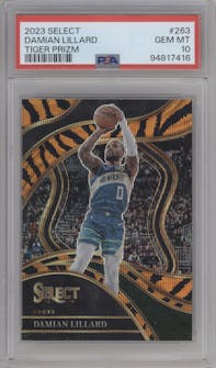 Damian Lillard from the 2023-24 Panini Select  set featuring a Tiger parallel graded by PSA and given an overall grade of 10.