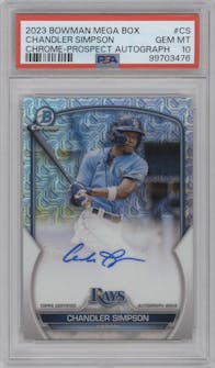 Chandler Simpson from the 2023 Bowman Mega Box set graded by PSA and given an overall grade of 10.
