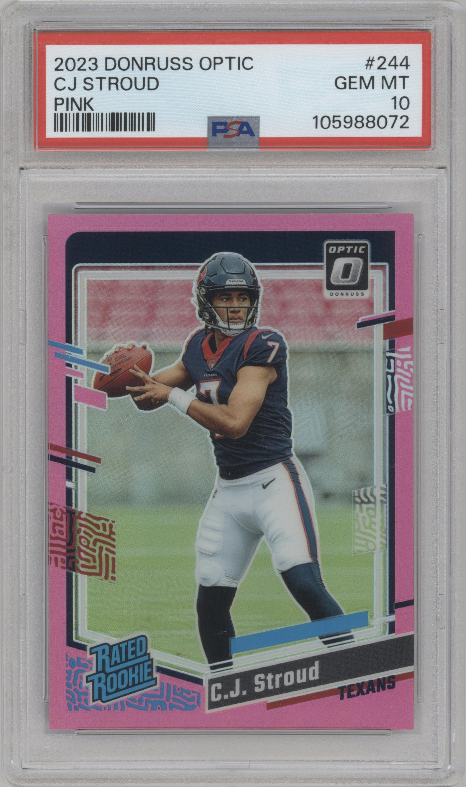 C.J. Stroud from the 2023 Donruss Optic set featuring a Pink parallel graded by PSA and given an overall grade of 10.